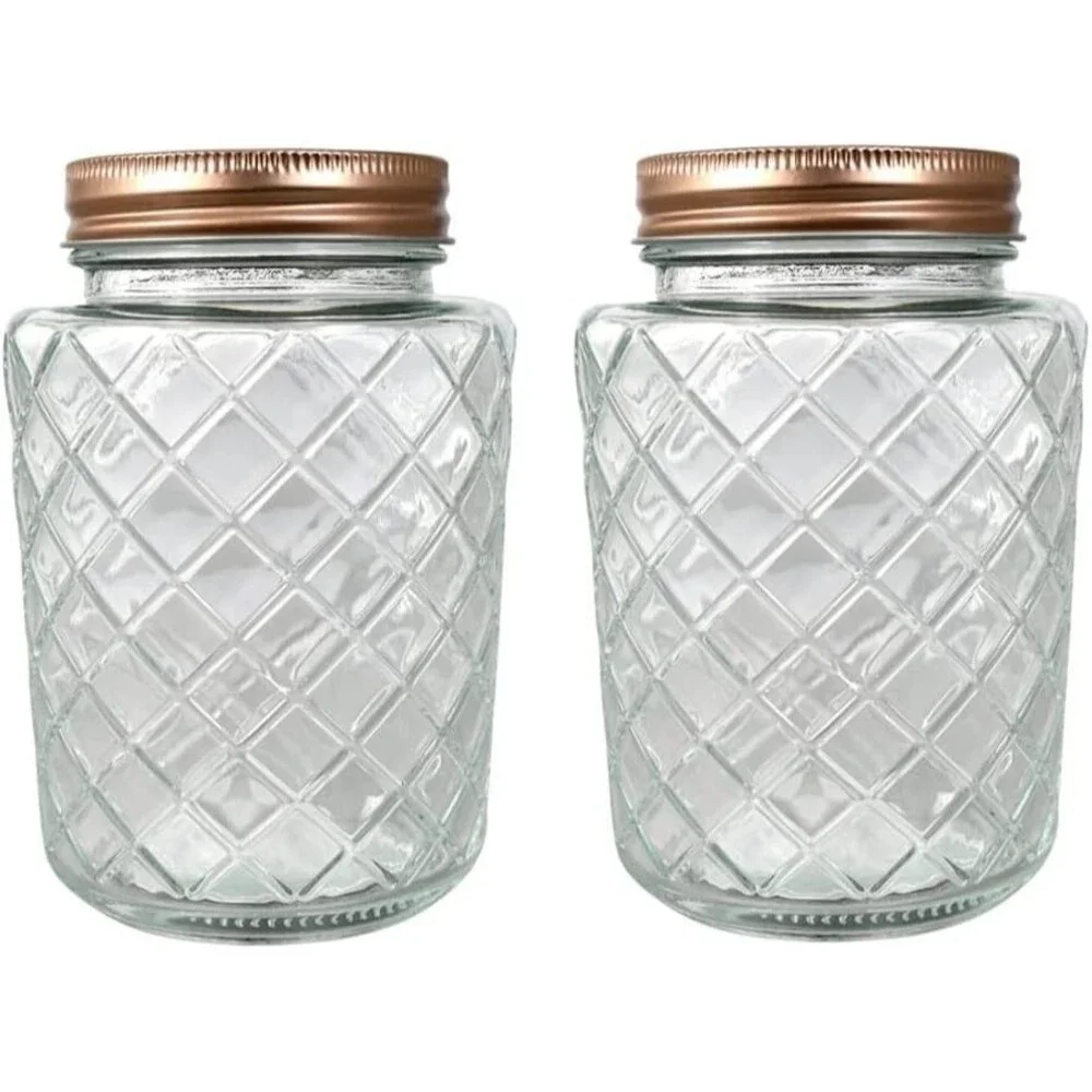 2) Decorative Glass Jar Copper Lid Lattice Diamond Pattern Storage Container NEW